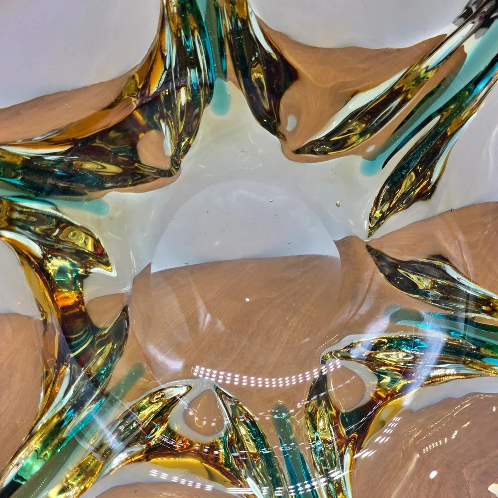 MCM 60s Murano Hand-Blown‎ Glass Bowl Red Amber Teal Sommerso Starburst 10 inch